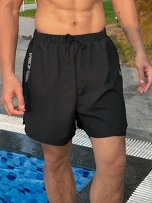 DAZY Men's Black Letter Print 2 In 1 Beach Shorts, Summer - Black - View 8