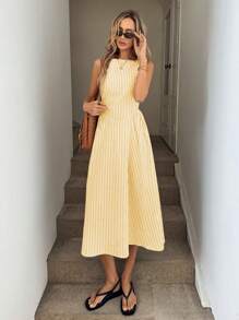 Easowa 圆领无袖褶皱腰 A 字型喇叭中长连衣裙，蓝白条纹棉质面料，女士休闲度假优雅街头服饰 - 黃色 - 查看 5