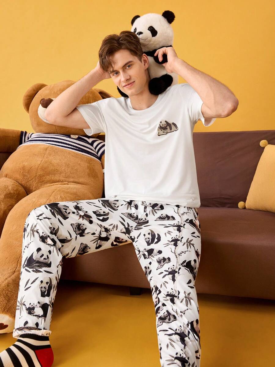 Happy Jammies Men's Sleepwear Set: Short Sleeve Round Neck T-Shirt And Pants, Fashionable For Summer