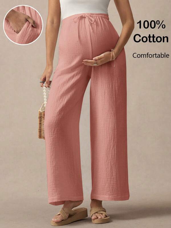 Boho Mama Pregnant Women Solid Color Pocket High Waist Tie Wide Leg Pants