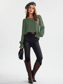 EMERY ROSE 圆领纯色褶皱喇叭袖衬衫、长袖上衣 - 橄欖綠 - 查看 3