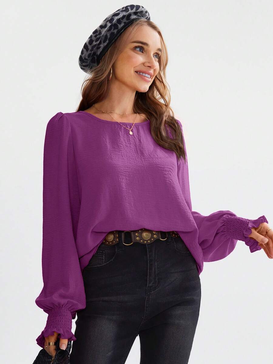 EMERY ROSE Casual Elegant Round Neck Solid Color Roll-Up Sleeve Blouse For Autumn,Long Sleeve Tops - Purple - View 1