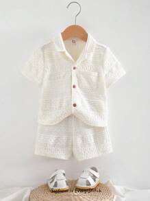 Cozy Pixies 2pcs/Set Baby Boy Color Block Knit Soft Collared Short Sleeve Top And Elastic Waist Shorts Set