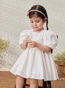 Blossori Baby Girls Solid Color Square Collar Puff Sleeve Sundress - White - View 1