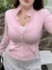 Dazy Plus Plus Size Pink Knit Fitted Short Cropped Jacket, Long Sleeve, Mock Neck, Fall Clothes, Back To School Clothes - Pink - View 4
