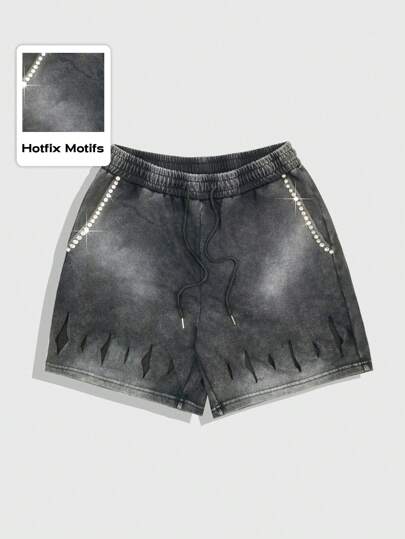 Street Life Men's Grunge Summer Fashion Washed Rhinestone Drawstring Waist Shorts