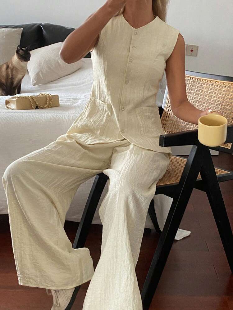 Women's Summer Vintage Coin Design Vest And Minimalist Loose Pants 2 Pieces Suit, Business Casual Linen