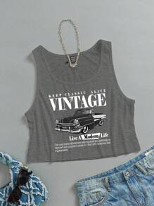 SHEIN EZwear 女士休闲复古汽车图案U领短款上衣，适合夏季返校季穿着 - 灰色 - 查看 6