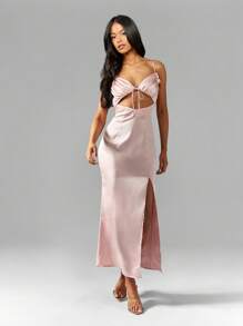 MISSGUIDED 优雅缎面中长款连衣裙，镂空细节，褶皱胸围，可调节细肩带，侧开衩，适合晚会、舞会、伴娘、特殊场合