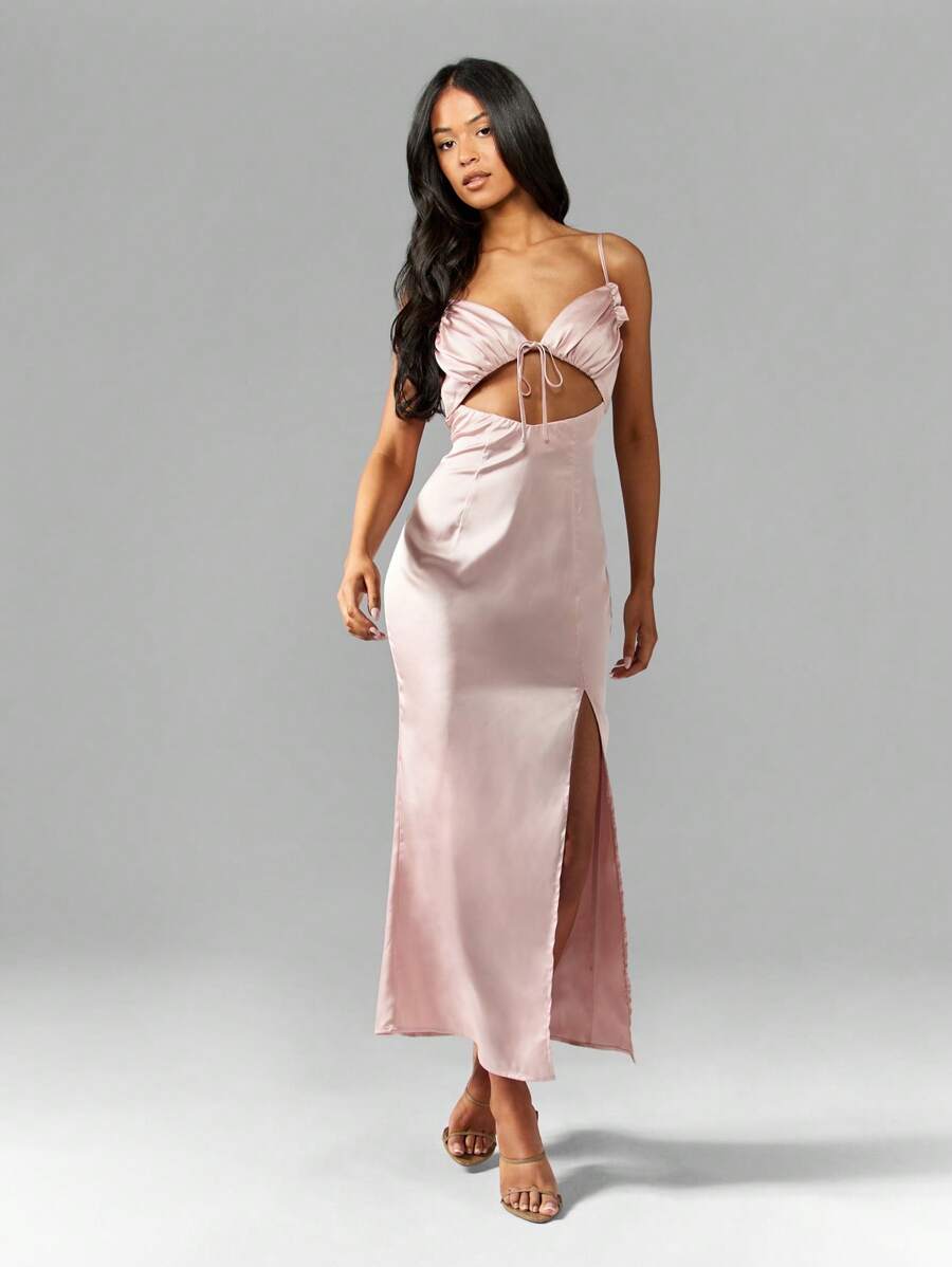 MISSGUIDED 优雅缎面中长款连衣裙，镂空细节，褶皱胸围，可调节细肩带，侧开衩，适合晚会、舞会、伴娘、特殊场合