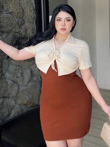 Dazy Plus Plus Size Women Contrast Color Patchwork 2 In 1 Lace-Up Mini Dress - Brown - View 3