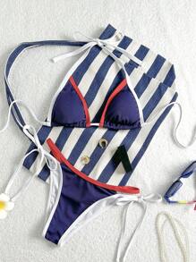 Swim Mod Women 2-Piece Contrast Trim Halter Knotted Bikini Set For Summer Beach Vacation - Multicolor - View 1