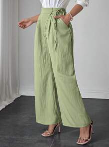 Modelyn Spring/Summer Green Elegant Pleated Decor Pants With Pockets - Green - View 6