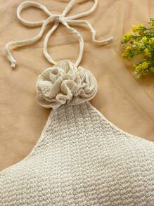 Soleia 手工 3D 花卉露背针织上衣，适合节日、约会、下午茶、度假、音乐节、波西米亚风、海滩、夏季 - 米色 - 查看 4