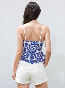 Aveloria Modichic Summer New Vintage Floral Print Ruffle Hem Camisole - Blue and White - View 3