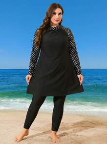 Swim Mulvari Plus Size 2pcs/Set Women Black Polka Dot Print Long Sleeve Top And Long Pants Modest Swimsuit Set For Summer Beach Holiday Vacation Cover Up - Black - View 3