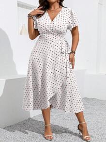 SHEIN Clasi Plus Size Polka Dot V-Neck Short Sleeve Dress, Fashionable For Summer - Multicolor - View 4