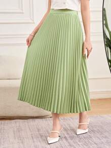 SHEIN 少女绿色百褶裙，百搭、优雅、精致风格，学院风百褶裙 - 綠色 - 查看 4