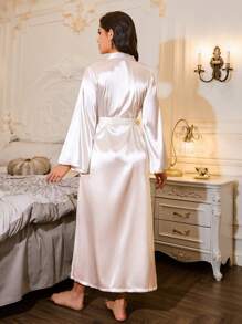 LuxeNights French Elegant Loose Long Robe For Women Luxe Loungewear, Cozy And Elegant Details, Fall & Winter - White - View 2