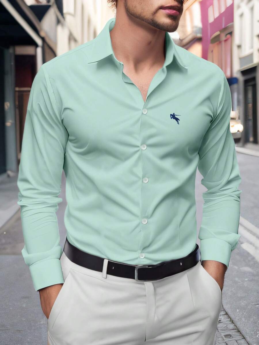 Manfinity Mode Men's Knight Print Long Sleeve Single-Breasted Casual/Business Shirt, For Fall - Mint Green - View 1