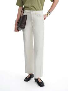 SHEIN LUNE Women's Casual Solid Color Slant Pocket Denim Flare Pants - Khaki - View 1