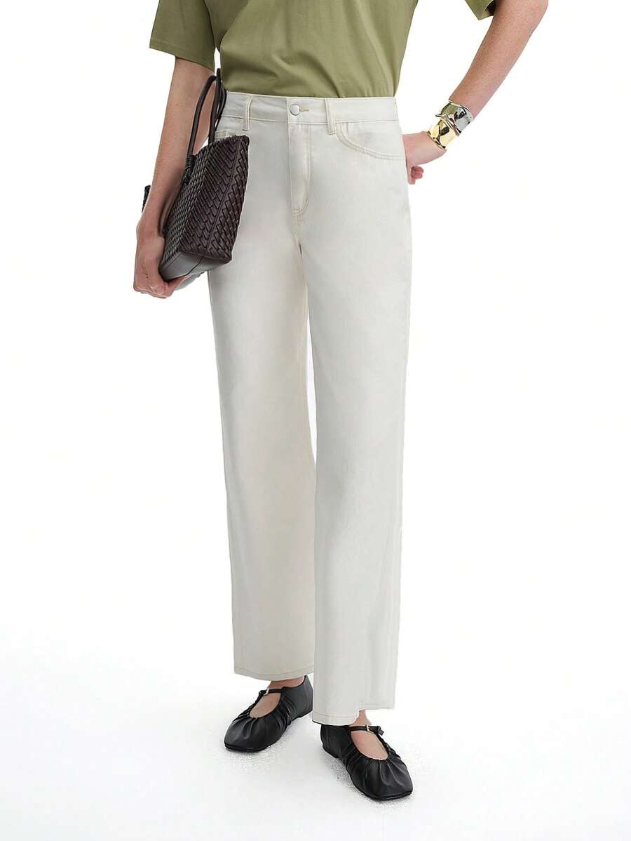 SHEIN LUNE Women's Casual Solid Color Slant Pocket Denim Flare Pants - Khaki - View 1