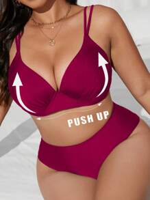 SHEIN Swim Curve Conjunto de bikini de 2 piezas con talla grande, tiro alto, triángulo con sujetador con aros, tirantes ajustables, elegante, de moda y sexy para playa
