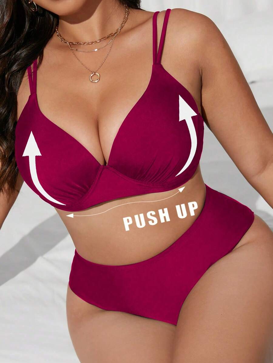 SHEIN Swim Curve Conjunto de bikini de 2 piezas con talla grande, tiro alto, triángulo con sujetador con aros, tirantes ajustables, elegante, de moda y sexy para playa