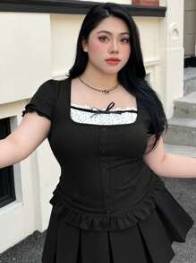 Dazy Plus Plus Size Patchwork Polka Dot Bowknot Decor Fitted Short Sleeve T-Shirt With Ruffle Hem Cute Tops Women Plus Clothing Formal, Back To School Clothes - Black - View 4