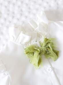 SHEIN 2 Pieces Set: Girls Embroidered Ruffle Blouse + Tulle Frill Hem Skirt - Green - View 6