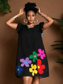 SHEIN PETITE CURVE Plus Size Short Women Mini Dress With Cap Sleeve, Casual Beach Vacation Styles For Petites - Black - View 3