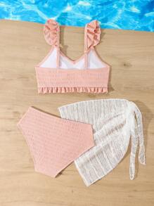 Tween Girl Solid Color Ruffled Swimwear Set With Cover-Up Skirt, For Vacation - Multicolor - View 2