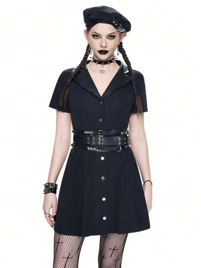 Women's Retro Gothic-Style College Simple Splicing PU Collar Metal Button A-Line Fitted Dress