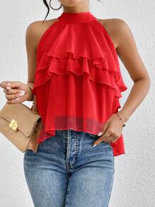 SHEIN Privé Halter Neck Loose Ruffled Asymmetrical Chiffon Blouse - Red - View 3