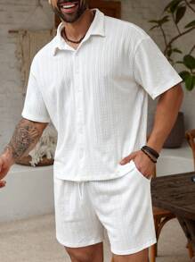 Manfinity Homme Plus Size Men Set: Front Button Short Sleeve Shirt And Shorts Men Vacation Men Shirt Co Ords Men S Men Shirt Co OrdsIt Is Great For Couples And Makes An Excellent Gift Idea For Boyfriends Or Husbands. - White - View 3