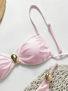 Swim Mod 2pcs Women Summer Beach Outfits: Metallic Solid Color Spaghetti Strap Gold Circle Accessory Bandeau Top And Thong Bikini Set - Baby Pink - View 3