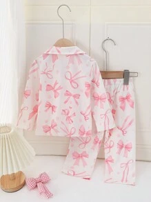 SHEIN 2件套女婴防火数码印花蝴蝶结开衫上衣和裤子舒适休闲家居服套装 - 粉色 - 查看 2