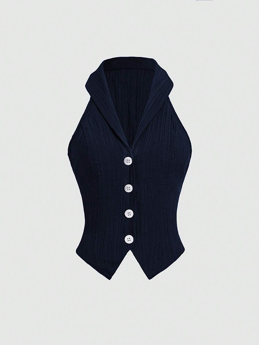 Sweetra Camisa sin mangas con cuello y frente abierto texturizada para mujer - Azul Marino - Ver 1