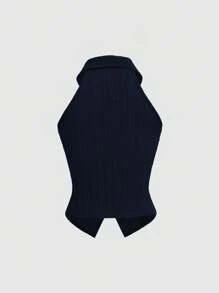 Sweetra Camisa sin mangas con cuello y frente abierto texturizada para mujer - Azul Marino - Ver 2