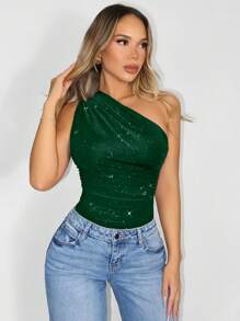 Sirith Solid Color Pleated Asymmetrical Collar Elegant Bodysuit, Sleeveless - Dark Green - View 6