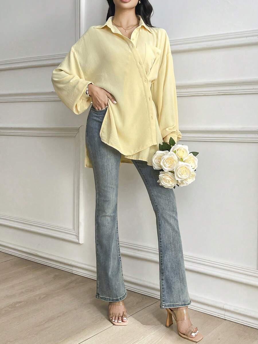 Modelyn Women Loose Asymmetrical Button Design Pale Yellow Casual Elegant Blouse - Yellow - View 1