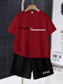 SHEIN 2 件套青少年男孩休闲简约圆领短袖 T 恤和短裤套装，适合夏季