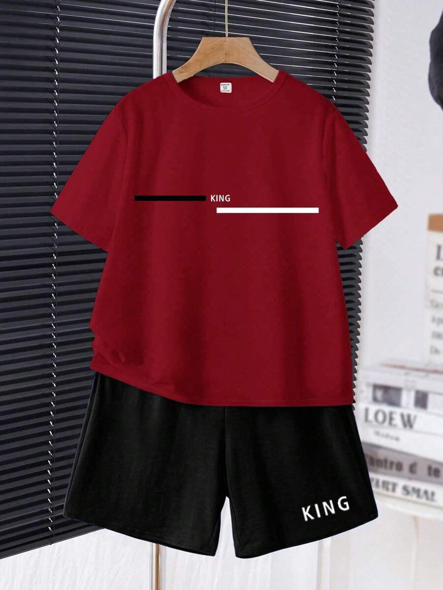 SHEIN 2 件套青少年男孩休闲简约圆领短袖 T 恤和短裤套装，适合夏季