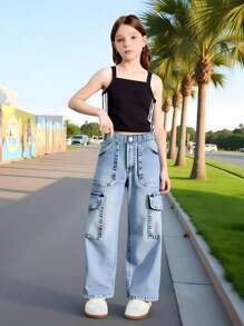 Explorewe Tween Girl Striped Camisole And Utility Denim Jeans Casual Outfit Jeans Set For Girls Outfits For Teens Summer Set Teen Outfits Set - Blue - View 8
