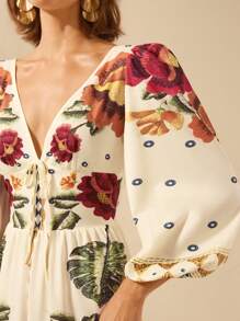CAJUNI Vestido de Férias Feminino Boêmio com Estampa Floral, Gola em V, Manga Longa, Costas Vazadas, Cintura A-line