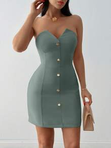 SHEIN Tall Button Detailed Frenchy Style Short Dress - Mint Green - View 4