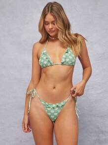 WESTFADE Summer Seashell Grid Printed Mid Rise Cute Adjustable Bow Tie Sides High Cut Leg Ruffle Bikini Bottoms Spring Beach Vacation - Green - View 1