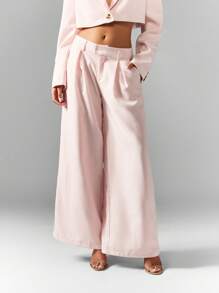 MISSGUIDED Professional Linen Feel Wide Leg Palazzo Pants High Rise Tailored Trousers Office Workwear Business Formal Suit Bottoms Wedding Guest Spring Summer - Pink - View 1