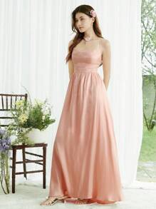 SHEIN LUNE Women's Solid Color Backless Ruched Elegant Maxi Slip Dress Women's Formal Dress - Pink - View 6