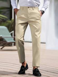 Manfinity Bizformal Men's Solid Color Suit Pants,Fashionable Khaki Summer Casual Business Office Clothes,Men's Dress Pants,Slim Fit Formal Suits Pants For Men - Apricot - View 7